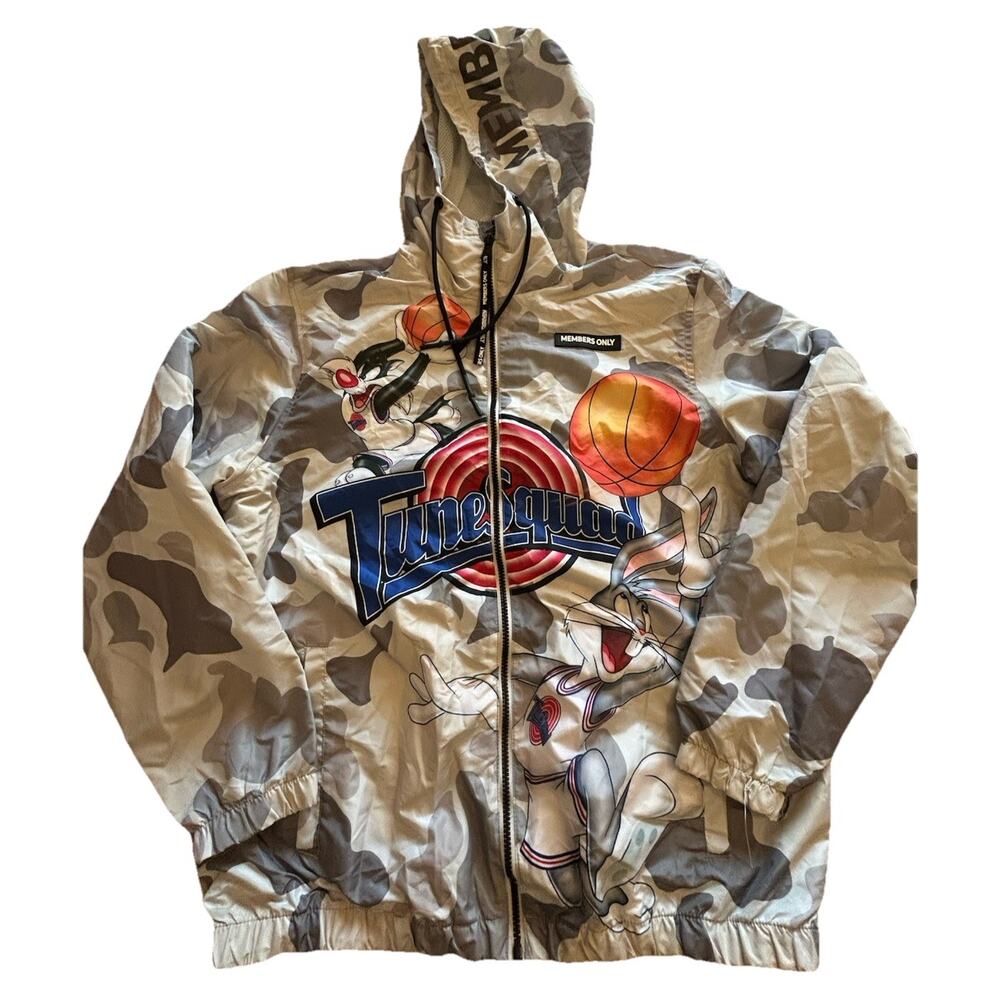 Space Jam Members Only jacket mens Sz Large Tune Squad Windbreaker Gray Camo